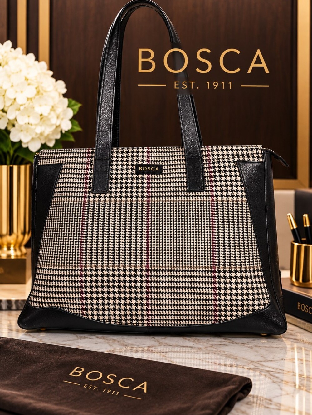 Bosca Houndstooth Leather Laptop Tote Bag EUC